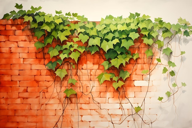 Ściana z akwarelowych cegieł z zielonymi drzewami, teksturą roślin, projektem ilustracji tła