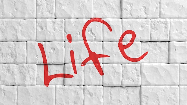 Ściana z cegły pomalowana na biało z czerwonym słowem Life graffiti