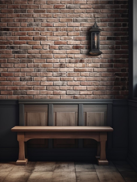 Ściana z cegły z lampą i ławką przed nią