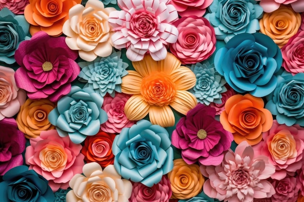 Ściana z kolorowych papierowych kwiatów na żywym tle, stworzona za pomocą generatywnej sztucznej inteligencji