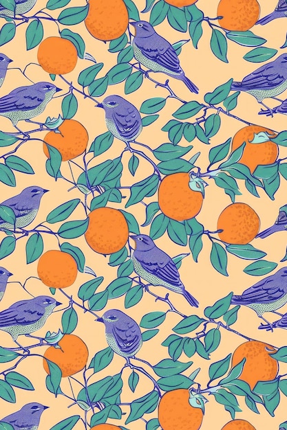 ściana z pomarańczami i niebieskimi ptakami
