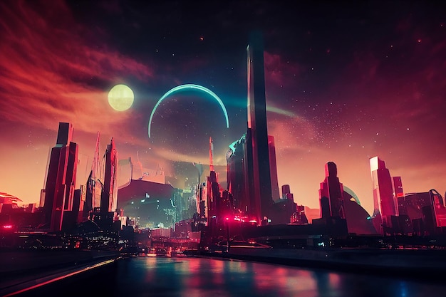 Science Fiction Futurystyczny Cyberpunk Neon Noc Miasto Street Art Ilustracja