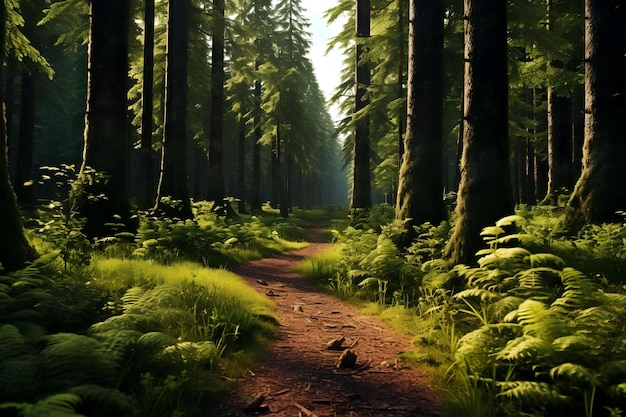Ścieżka leśna otoczona zielonymi wysokimi drzewami