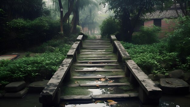 Ścieżka lub schody do górnej wioski ławka do siedzenia i zielona przyroda dziki krzew i drzewo po prawej lub lewej stronie