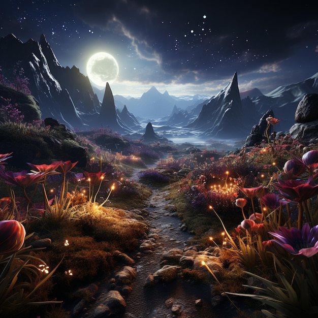 ścieżka na nocnym niebie z księżycem i kwiatami.