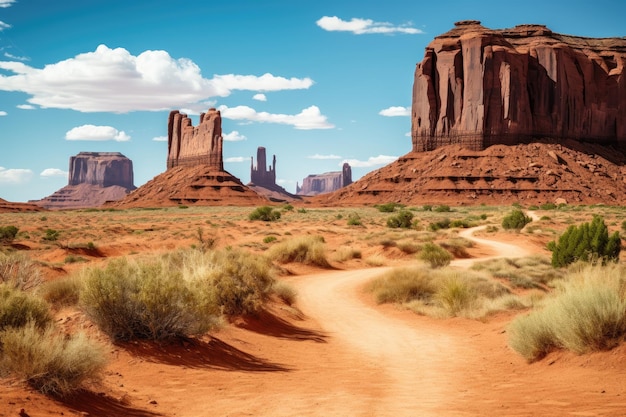 Zdjęcie Ścieżka pokryta ziemią i piaskiem rozciąga się przed nami, wijąc się przez jałowe i bezlitosne pustynne przestrzenie park plemienny navajo monument valley w arizonie wygenerowane przez sztuczną inteligencję