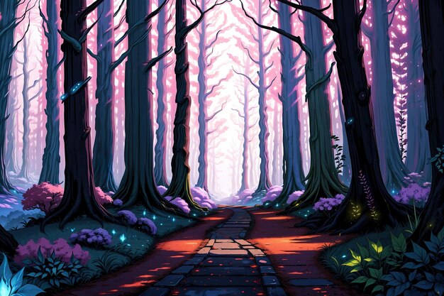 ścieżka prowadząca do lasu nocą fantasy mistyczne