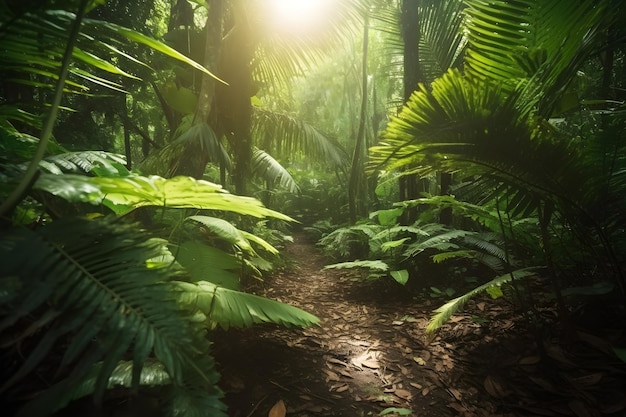 Ścieżka przez dżunglę z liściastą dżunglą w tle.