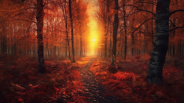 Ścieżka przez las, na której świeci słońce