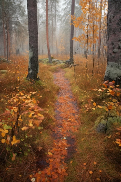 Ścieżka przez las z liśćmi na ziemi