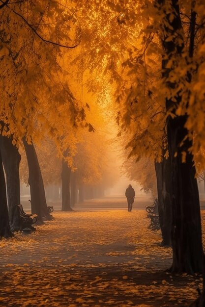 Ścieżka przez park z drzewami i słońcem świecącym na drzewach