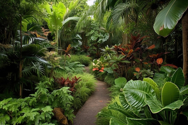 Ścieżka przez tropikalny ogród z tropikalnymi roślinami i drzewami.