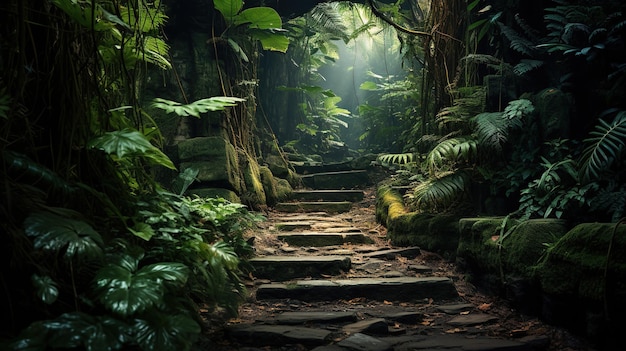 Ścieżka w dżungli z ścieżką prowadzącą do dżingli.