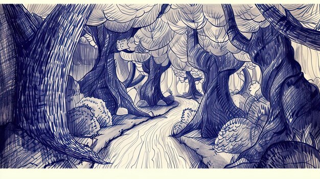 Ścieżka w lesie Abstrakcyjne rysunki natura cisza wędrówka zielenią przygoda relaks grzyby jagody bajka tajemnica pies chodzący generowany przez AI
