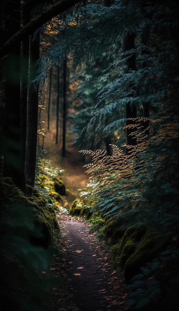 Ścieżka w lesie, na której świeci słońce