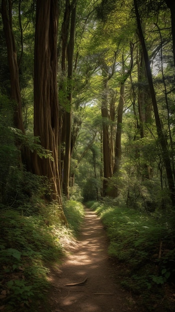 Ścieżka w lesie, na której świeci słońce.