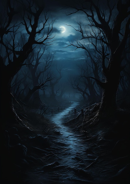 Ścieżka w lesie prowadząca do nocnej okładki graficznej powieści anomalii pod bladym martwym księżycem błąkające tapety