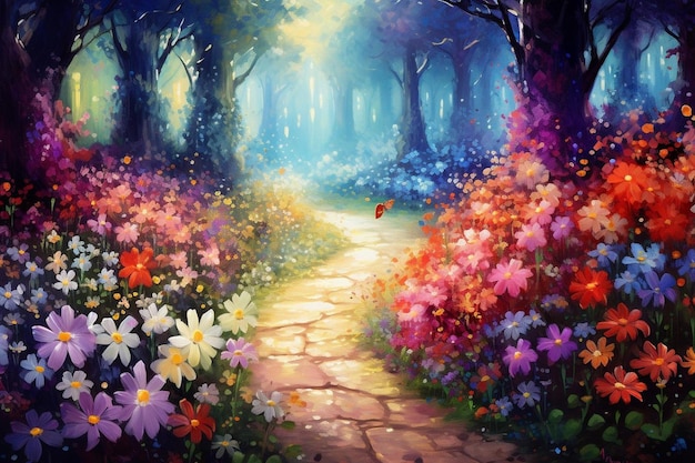 ścieżka w lesie z kwiatami i motylami