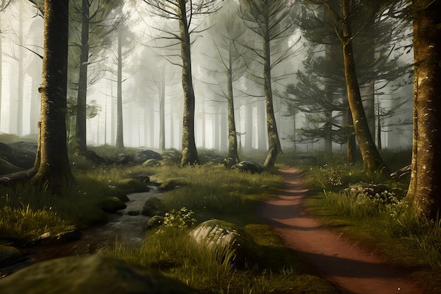 Ścieżka w lesie z mglistą, tajemniczą atmosferą stworzoną za pomocą technologii generatywnej sztucznej inteligencji