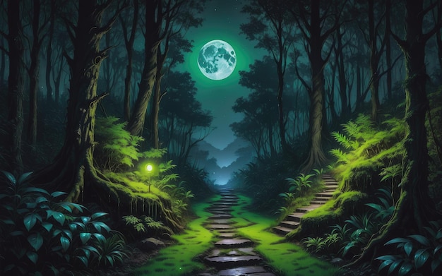 Ścieżka w lesie z pełnią księżyca w tle
