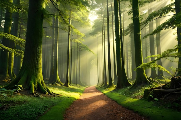 Ścieżka w lesie z promieniami słońca