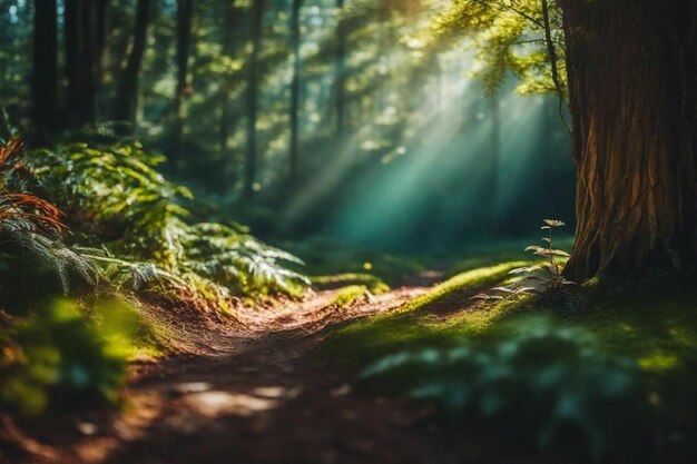 Ścieżka w lesie z słońcem świecącym przez drzewa