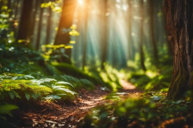 Ścieżka w lesie z słońcem świecącym przez drzewa