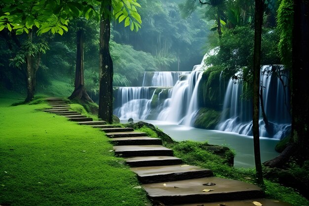 Zdjęcie Ścieżka w lesie ze schodami prowadzącymi do wodospadu