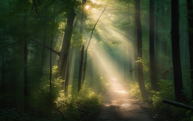 Ścieżka w lesie ze słońcem świecącym przez drzewa