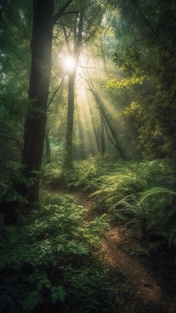 Ścieżka w lesie ze słońcem świecącym przez liście.