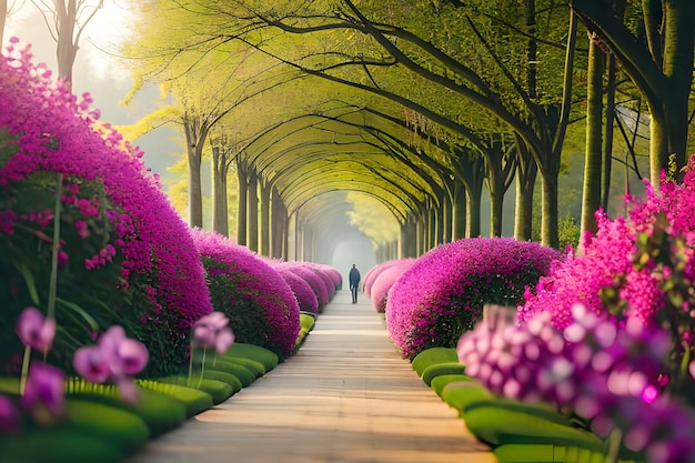 ścieżka w parku z fioletowymi kwiatami i osobą idącą w oddali.