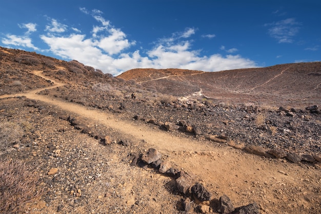 Ścieżka w scenicznym powulkanicznym krajobrazie w południowej Tenerife wyspie, wyspy kanaryjska, Hiszpania.