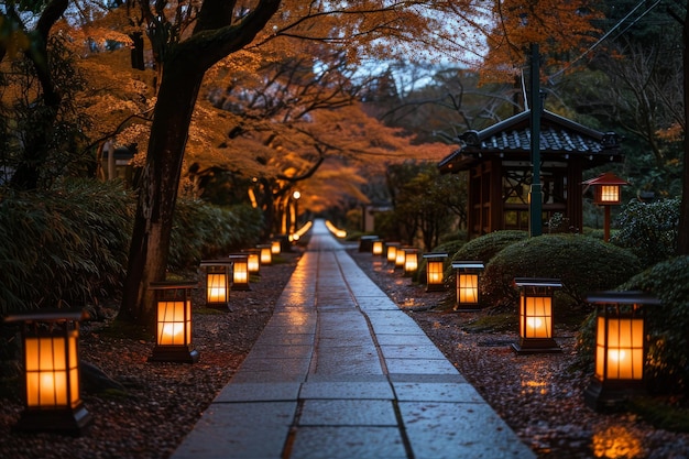 Ścieżka wyłożona latarniami prowadząca przez park tworząca piękną oświetloną scenę Aleja drzew delikatnie oświetlona latarnią w spokojnym japońskim parku