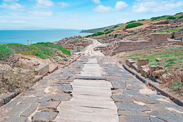 Ścieżka z kamieni i drewna na stanowisku archeologicznym Tharros