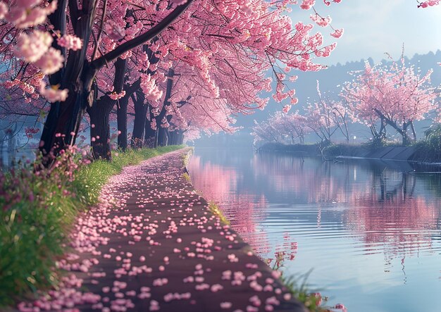 ścieżka z kwiatami wiśni i rzeką na tle