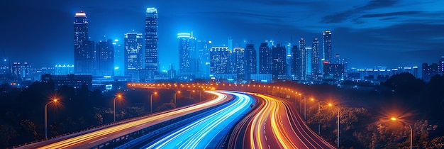 Ścieżki reflektorów na miejskiej autostradzie wieczorem wygenerowane przez sztuczną inteligencję
