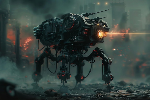 Scifi battle mech wyposażony w potężną broń generatywną ai