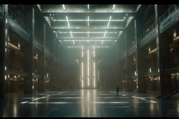 Scifi Big Wide Hall ze świecącymi światłami i laserową podłogą odblaskową
