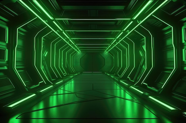 Scifi Big Wide Hall ze świecącymi światłami i laserową podłogą odblaskową