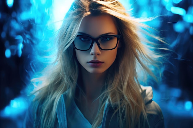 SciFi Czarownica Długie blond włosy w elektrycznie niebieskich odcieniach
