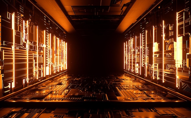 Scifi Futurystyczny Cyber Metaliczny Korytarz Oświetlenie Elektryczne Światło Neon Świecące Ilustracja Renderowanie 3D