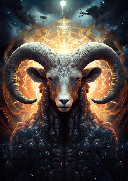 Scifi owca Koziorożec zwierzęce stworzenie fantazji z kolorowym niebem ciemnym tłem Generative Ai