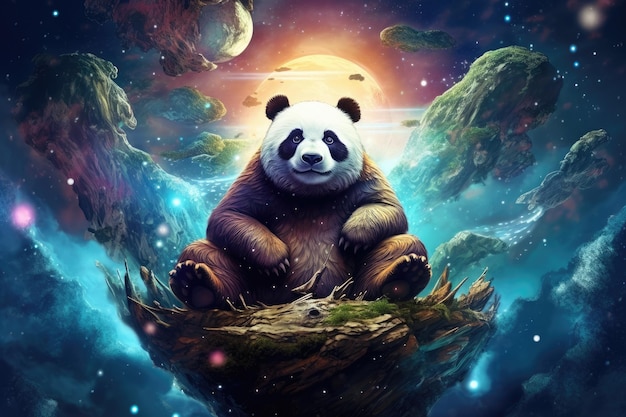 Scifi panda dzikie zwierzę fantasy stworzenie z kolorowym niebem ciemne tło Generative Ai