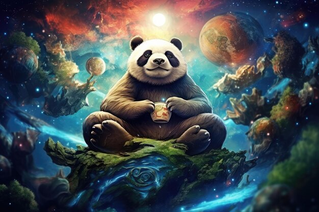 Scifi panda dzikie zwierzę fantasy stworzenie z kolorowym niebem ciemne tło Generative Ai