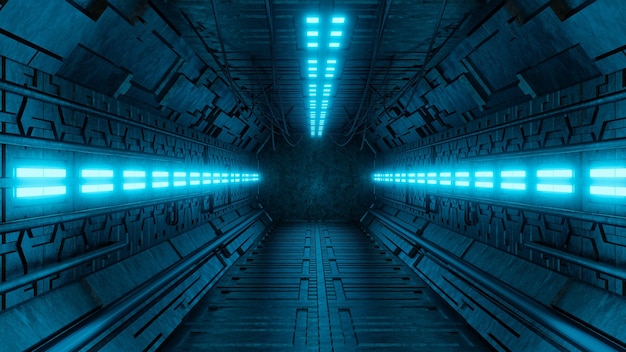 Zdjęcie scifi realistyczny świetlny korytarz z wnętrza statku kosmicznego cyberpunk futuristyczny tunel