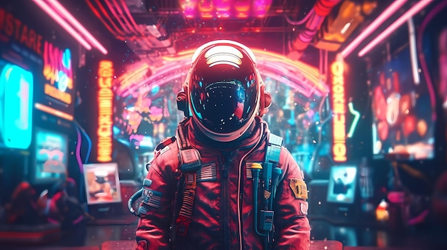 Scifi Retrowave kosmiczna ilustracja sceny science fiction z tajemniczą postacią astronauty w skafandrze otoczonym świecącymi neonowymi lampami Generative Ai