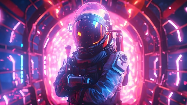 Scifi Retrowave kosmiczna ilustracja sceny science fiction z tajemniczą postacią astronauty w skafandrze otoczonym świecącymi neonowymi lampami Generative Ai