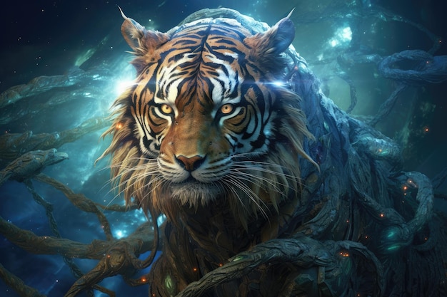 Scifi tygrys dzikie zwierzę stworzenie fantazji z kolorowym niebem ciemne tło Generative Ai