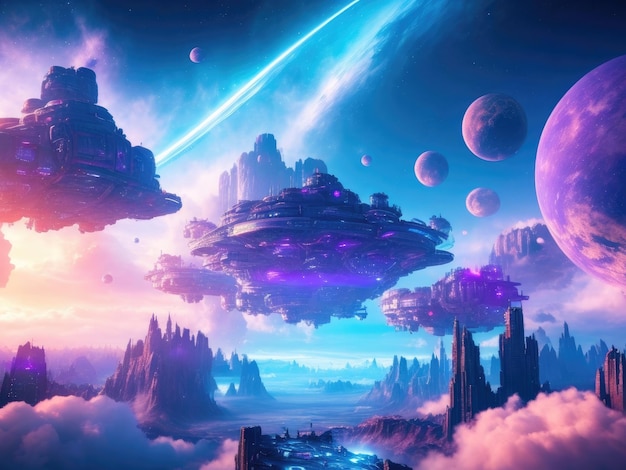 Zdjęcie scifi wirtualna rzeczywistość krajobraz fantasy wszechświat i przestrzeń chmura tło ai wygenerowane