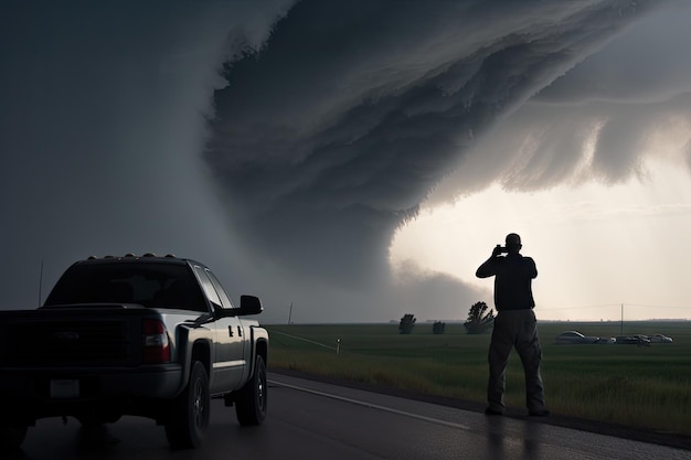 Ścigający burze filmujący tornado z bezpiecznego miejsca w swoim pojeździe stworzonym za pomocą generatywnej sztucznej inteligencji